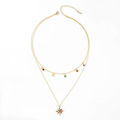 Hollywood Sensation Star Necklace Layered with Rainbow Cubic Zirconia Stones 13 Inches Gold
