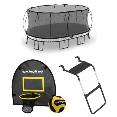 Springfree Trampoline 12' x 19' Jumbo Oval Trampoline with Outdoor Basketball Hoop FlexrHoop Accessory Attachment and FlexrStep V2 Ladder, Black