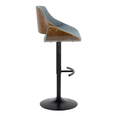 Walnut Wood and Blue Fabric Adjustable Swivel Barstools, Set of 2