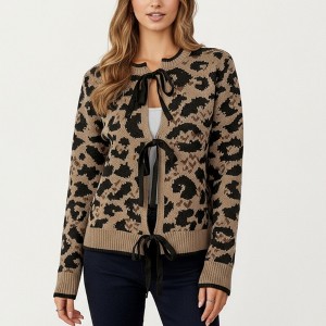 Anna-Kaci Women's Leopard Print Knit Cardigan with Ribbon Tie Front and Ribbed Trim - 1 of 4