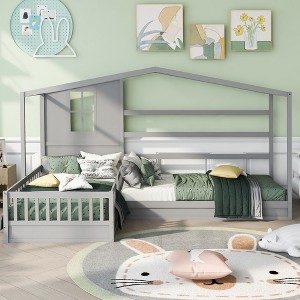 Twin Size L-Shaped Wood House Bed for 2 Kids, L shaped Corner Daybed with Fence and Slatted Frame for Bedroom - 1 of 4