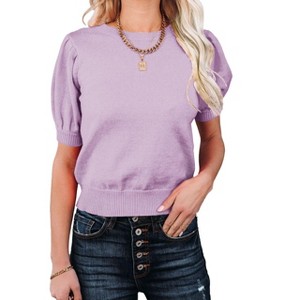 BLUEMING Women's Puff Sleeve Short Sleeve Knit Top Round Neck Essential Lightweight Solid Color Pullover Versatile Knitwear - 1 of 4