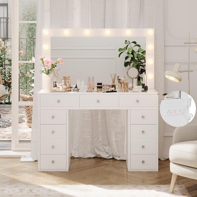 Vanity Desk with Mirror & 12 Lights, White Vanity with Power Outlet, Makeup Table with 11 Drawers