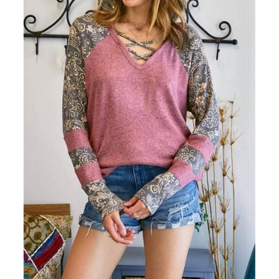 Women's Lattice V Neck Paisley Print Contrast Top - ADORA