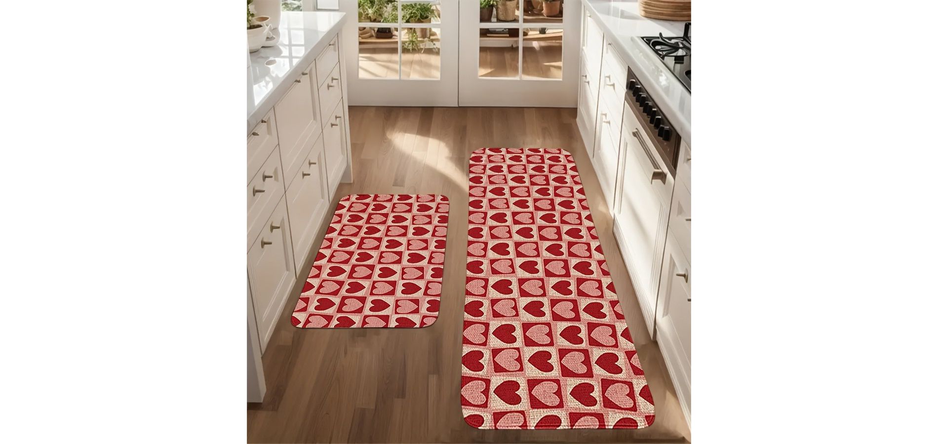 Lomsoe 2pcs Valentine's Day Love Grid Kitchen Mat - Soft Rectangular Suitable & Dining Room, Cozy Warm Decorative.