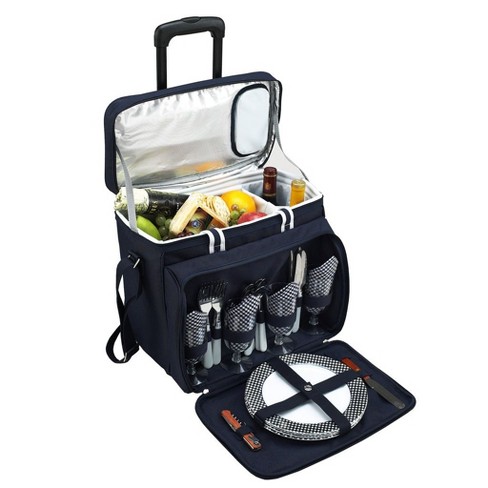 Picnic at Ascot Equipped Picnic Cooler with Service for 4 on Wheels - Navy