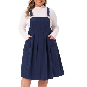 Women's Plus Size Corduroy Adjustable Strap Pleated Midi Casual Overall Pinafore Dress with Pockets - Agnes Orinda - 1 of 4