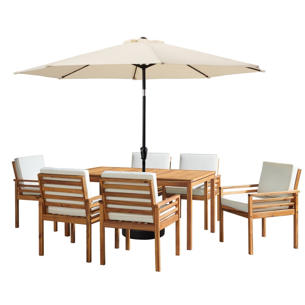 Photos - Dining Table Alaterre Furniture 8pc Outdoor Patio Dining Set, Okemo Table with 10' Auto Tilt Umbrella Tan