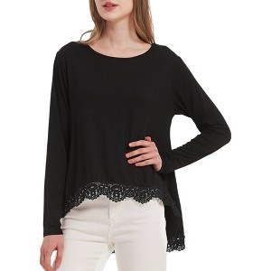 Anna-Kaci Women's Tunic Tops Long Sleeve Lace Trim U-Neck Blouse Solid Color Shirts - 1 of 4