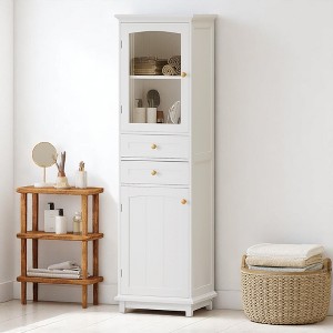 Tall Bathroom Storage Cabinet with Glass Doors, 2 Drawers, Adjustable Shelves, and Gold Handles – Freestanding Display Cabinet - 1 of 4