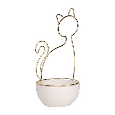 White and Gold Ceramic Cat-Shaped Trinket Tray