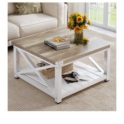 Coffee Table For Living Room,Square Wood Farmhouse Coffee Table With Storage,Rustic Coffee Table,Vintage Center Table For Living Room With Shelf