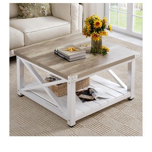 Coffee Table For Living Room,Square Wood Farmhouse Coffee Table With Storage,Rustic Coffee Table,Vintage Center Table For Living Room With Shelf - 1 of 4