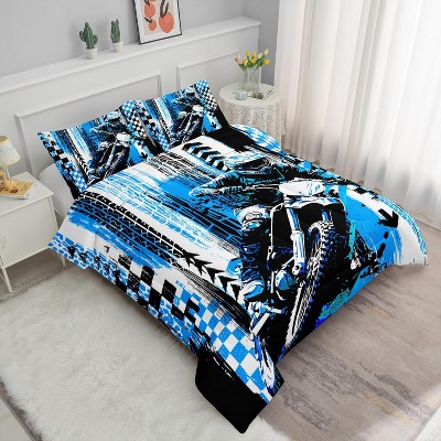 Motorcycle Comforter Set Queen Size – Blue Dirt Bike Motocross Rider Bedding with 1 Comforter & 2 Pillowcases, Extreme Sports Quilt Set for Boys Men