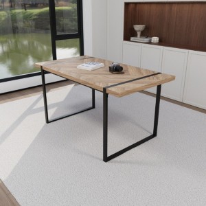 Modern Ind. Rect. MDF Nat. Wood Table (4-6), 1.5" Eng. Wood Top, Black Metal Legs, Home/Kitchen. - 1 of 4