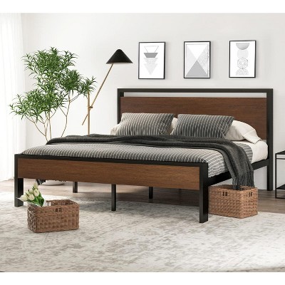 King Size Metal Platform Bed Frame with Wooden Headboard and Footboard, Mattress Foundation, No Box Spring Needed