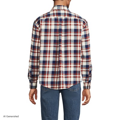 Lands' End Men's Long Sleeve RainDefense Flannel Shirt - Large - Navy/Bourbon Plaid — фото 5