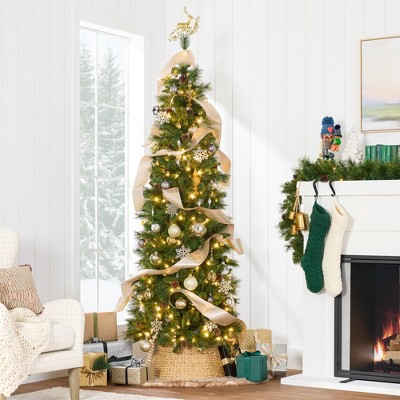 7.5ft Pre-Lit Slim Scotch Pine Christmas Tree with Multicolor LED Lights and Metal Stand