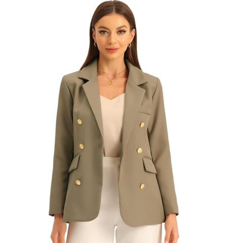 Allegra K Women's Work Office Notched Lapel Long Sleeve Double Breasted Blazer Khaki X-Small