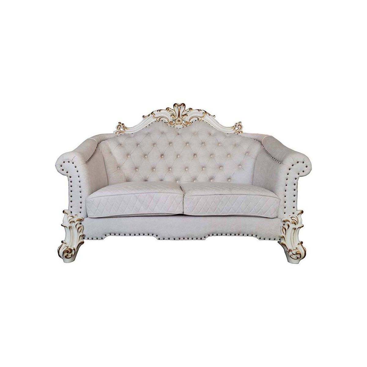 66" Vendome II Sofas Two Tone Ivory Fabric and Antique Pearl Finish - Acme Furniture: Elegant Leather Upholstery, Nailhead Trim - thumbnail 2