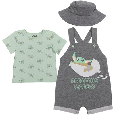 Image of Star Wars The Child Newborn Baby Boys French Terry Short Overalls Graphic T-Shirt and Hat 3 Piece Outfit Set Dark Gray 6-9 Months