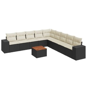 vidaXL Patio Sofa Set with Cushions Outdoor Furniture 10 Piece Poly Rattan - Black and Cream - 1 of 4