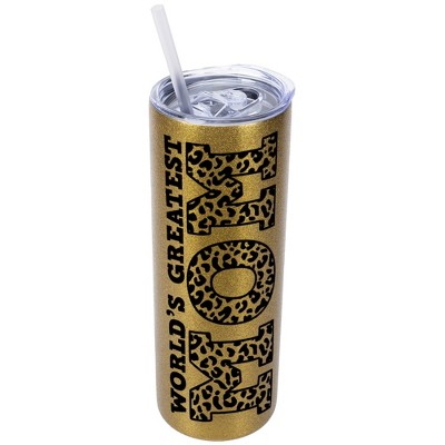 Elanze Designs Leopard Pattern Vegas Gold 20 Ounce Double Wall Stainless Steel Glitter Travel Tumbler With Sliding Lid And Straw, World's Greatest Mom