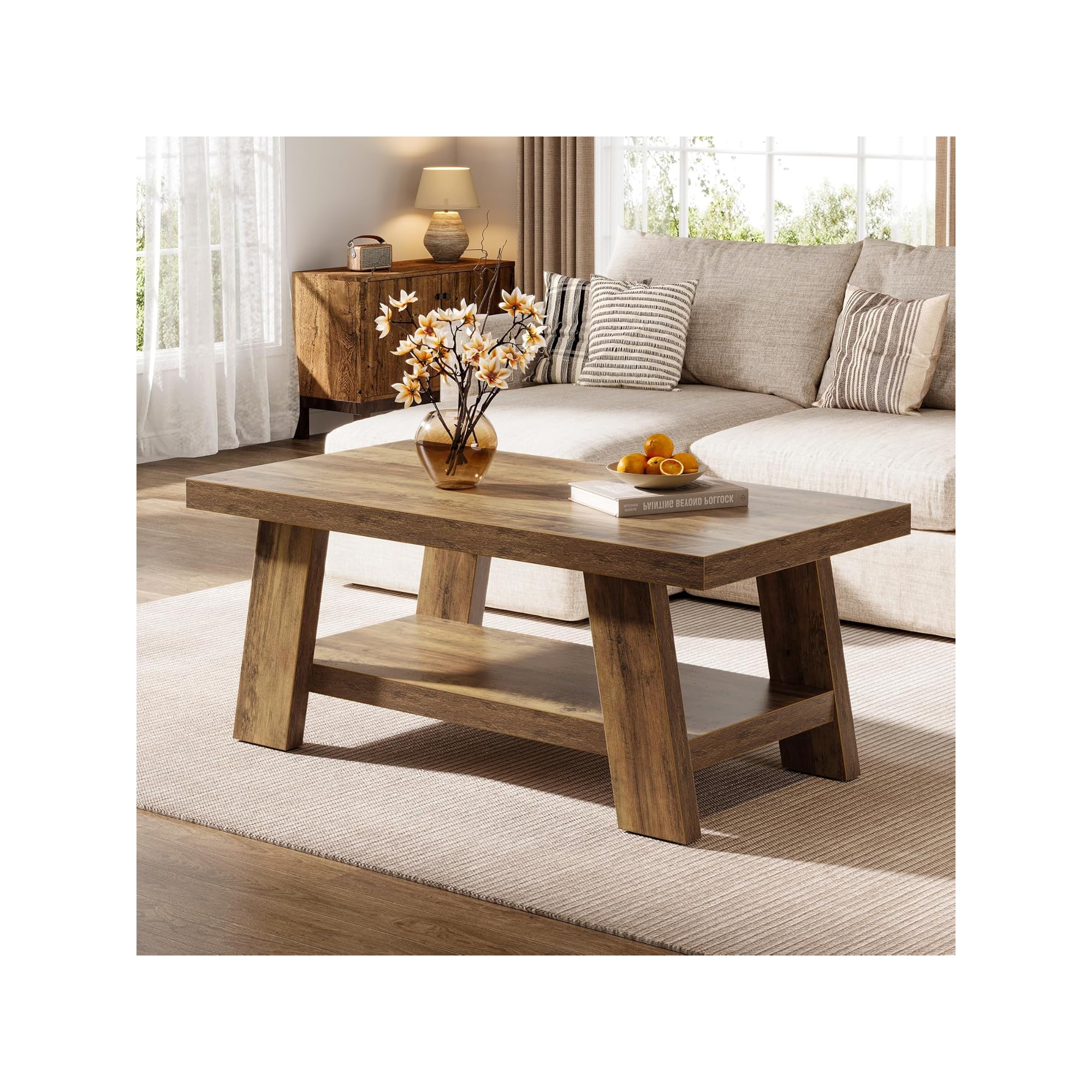 Lantine 47.24" Farmhouse Coffee Table, 2-Tier Wood Living Room Tables, Center Table with Storage for Living Room, Apartment, Bedroom, Office