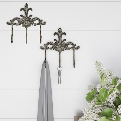 Decorative Hooks-3-Pronged Cast Iron Shabby Chic Rustic Fleur De Lis Wall Mount Hooks for Coats, Hats, Jewelry, and More by Hastings Home (Set of 2)