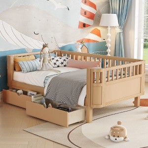 KTMBDW Twin/Full Size Bed with High Fence and Rounded Corner Design, Bed Frame with 2 Drawers, Easy Assemble - 1 of 4