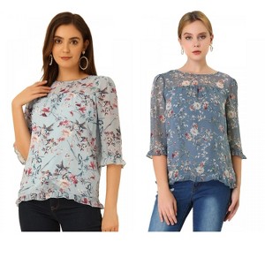 Allegra K Women's Round Neck Ruffle 3/4 Sleeve Floral Print Chiffon Blouse 2 Pcs - 1 of 4