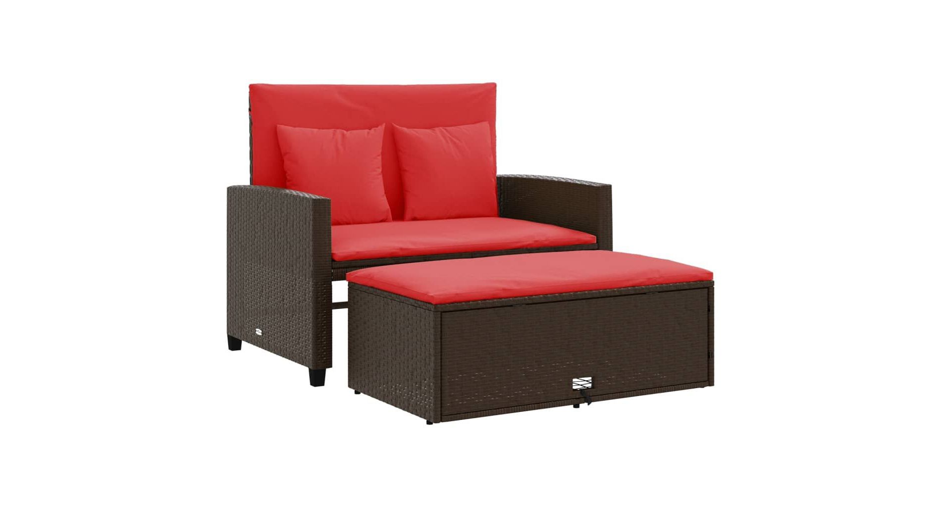 vidaXL Patio Sofa with Cushions 2-Seater Bench Poly Rattan - Brown