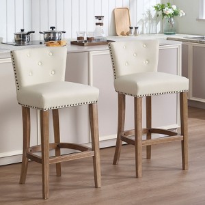 Sapphtopaz 2PCS Retro Bar Stools with Leather Upholstered Wooden Counter Height Bar Stools with Curved Button Backrest for Kitchen Island - 1 of 4