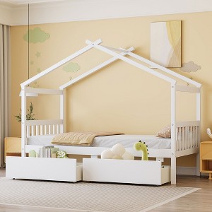 Twin Size Wooden House Bed with Two Drawers for Kids or Teens Bedroom - 1 of 4