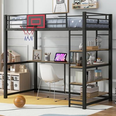 TIRAMISUBEST Twin Size Metal Loft Bed with Shelves, Desk and Basketball hoop