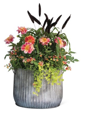 14" Galvanized Steel Ribbed Planter with Metal Handles