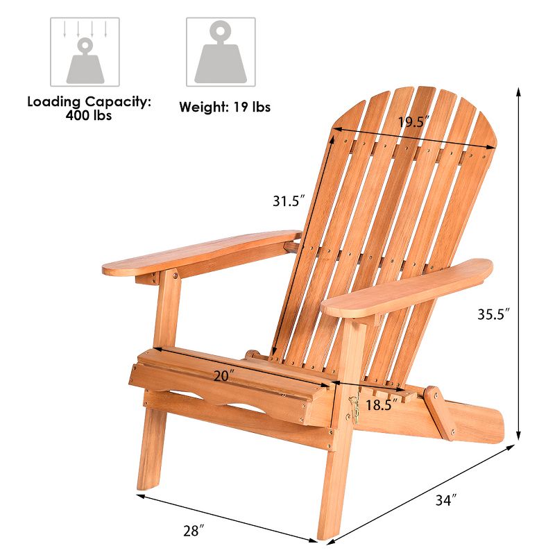 Costway 4 PCS Eucalyptus Adirondack Chair Foldable Outdoor Wood Lounger Chair Natural, 3 of 13