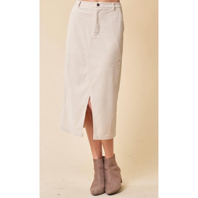 Women's Corduroy Front Zip-up Midi Skirt W/ Front Slit - Doe and Rae