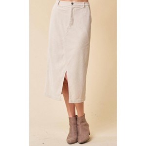 Women's Corduroy Front Zip-up Midi Skirt W/ Front Slit - Doe and Rae - 1 of 1