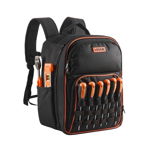 VEVOR Tool Backpack, 49 Pockets, Heavy-duty Tools Storage Organizer Work Bags with Laptop Compartment & Reinforced Fabric Base, Black+Orange
