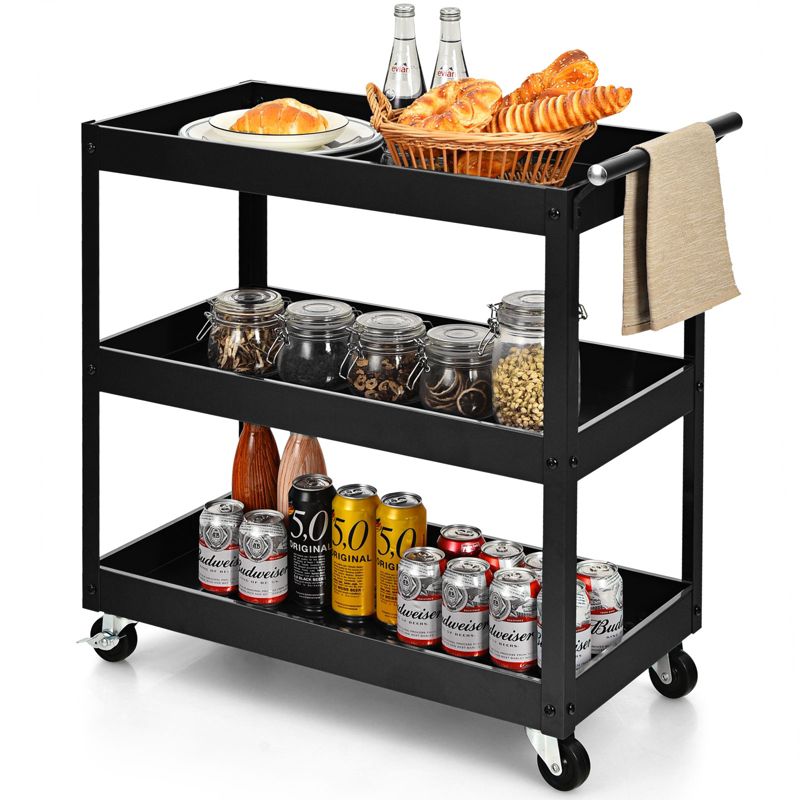 Tangkula 3-Tier Rolling Cart Storage Organizer Metal Utility Cart w/Wheels for Kitchen Library Office Black, 5 of 7