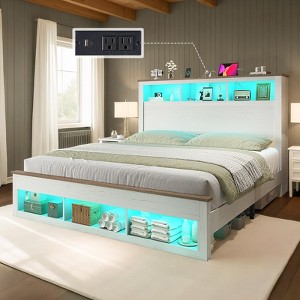 AMERLIFE Bed Frame with Drawers, LED, Bookcase Headboard, Charging, Shelves - 1 of 4