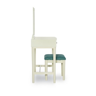 Cream Wood Vanity Set with Green Upholstered Stool and Mirror
