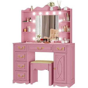 Fredees Vanity Desk: Large Mirror, Lights, Charging Station, 6 Drawers, Makeup Dressing Table with Storage Stool - 1 of 4