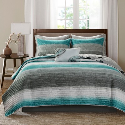 8Pcs Bed-in-a-Bag Reversible Quilt Set with Watercolor Stripe Print, Casual Year-Round Bedding with Cotton Sheet Set