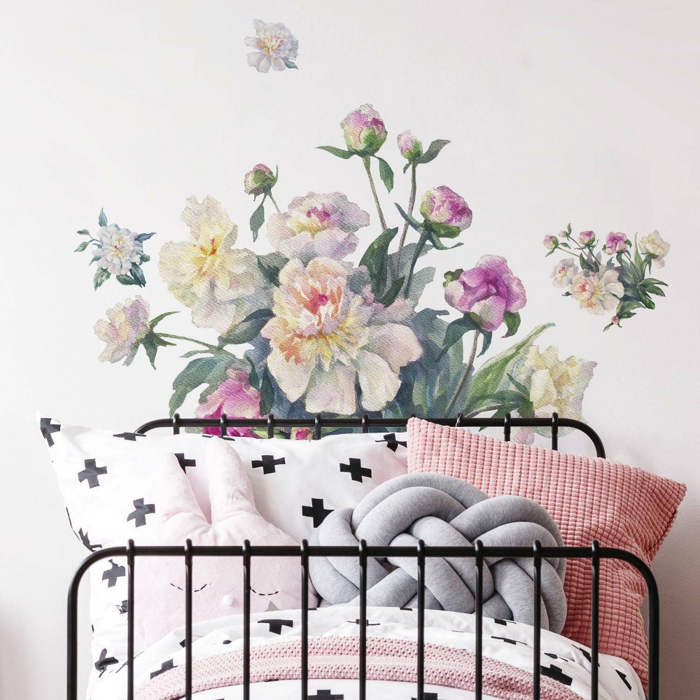 Floral Bouquet Peel and Stick Giant Wall Decal White/Pink - RoomMates: Vinyl Botanical Modern Decor, Self-Adhesive