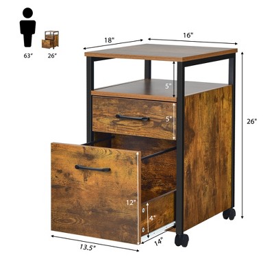 Rustic Brown 2-Drawer Mobile File Cabinet with Open Shelf