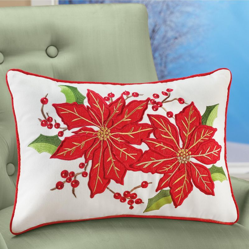 Collections Etc Beautiful Poinsettias & Holly Berries Accent Pillow 19 X 12 X 1, 2 of 3