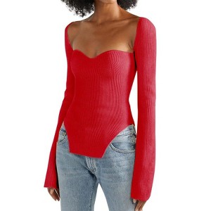 Coolmee Women's Ribbed Knitted Sweater Long Sleeve Square Neck Crop Slim Fitted Basic Pullover Tops - 1 of 4