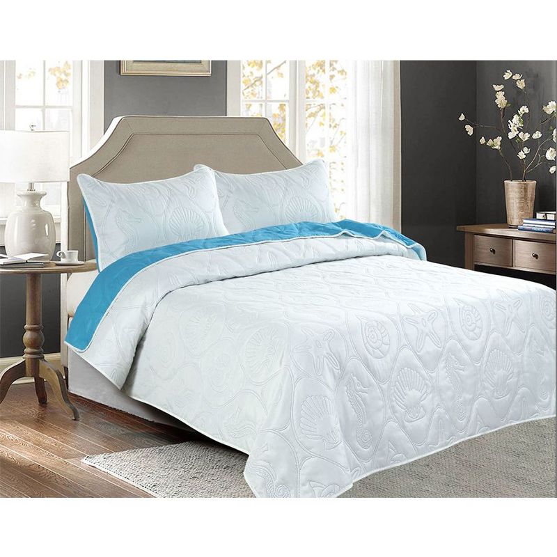 Legacy Decor 3 PCS Shell & Seahorse Stitched Pinsonic Reversible Lightweight Bedspread Quilt Coverlet, 1 of 7
